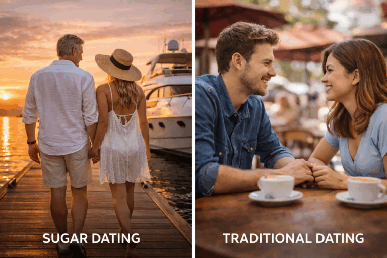 Couple walking toward a yacht at sunset representing sugar dating versus traditional dating